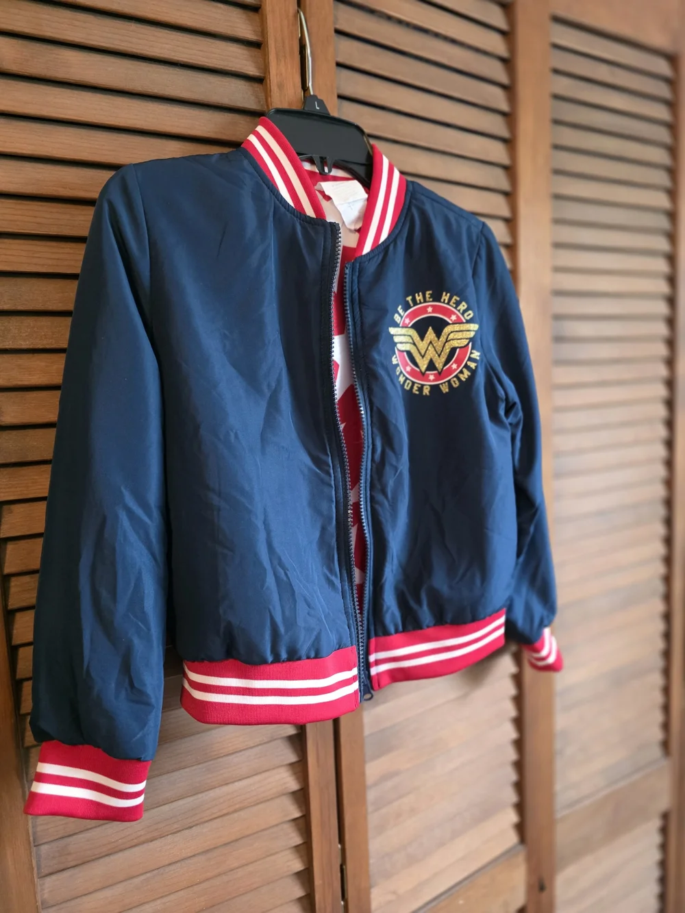 DC Comics Girls Wonder Woman Reversible Bomber Jacket Size M 7-8 Navy Red